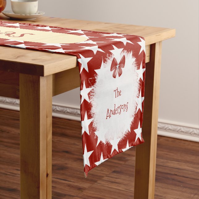 Christmas red with white stars and family name short table runner (In Situ)