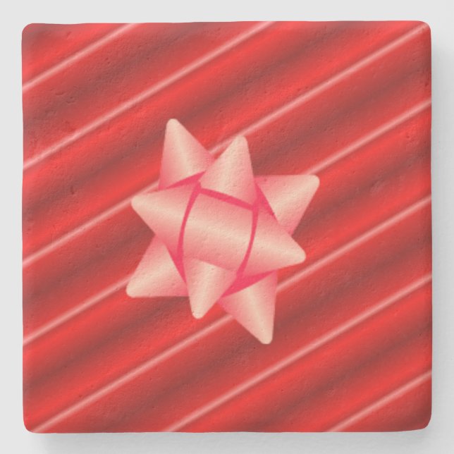 Christmas Red Wrapping with Bow Stone Coaster (Front)