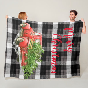 Christmas Red XMAS Truck Plaid Black White Fleece Blanket