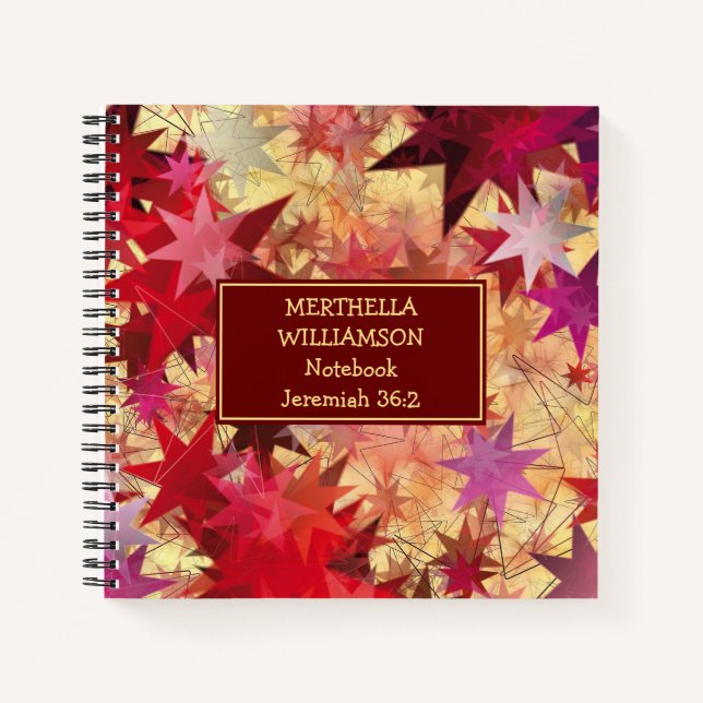 CHRISTMAS Red Yellow Stars Personalised Square Notebook (Front)