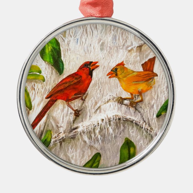 Christmas Redbirds. Singing of love Metal Tree Decoration (Front)