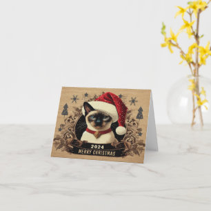 Christmas regal Siamese Cat, Santa Kitten Welcome Card