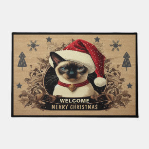 Christmas regal Siamese Cat, Santa Kitten Welcome Doormat