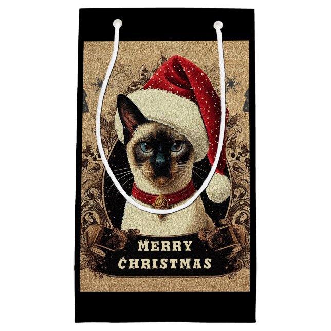 Christmas regal Siamese Cat, Xmas Santa Kitten Small Gift Bag (Front)