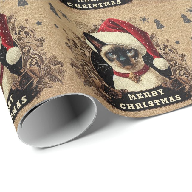 Christmas regal Siamese Cat, Xmas Santa Kitten Wrapping Paper (Roll Corner)