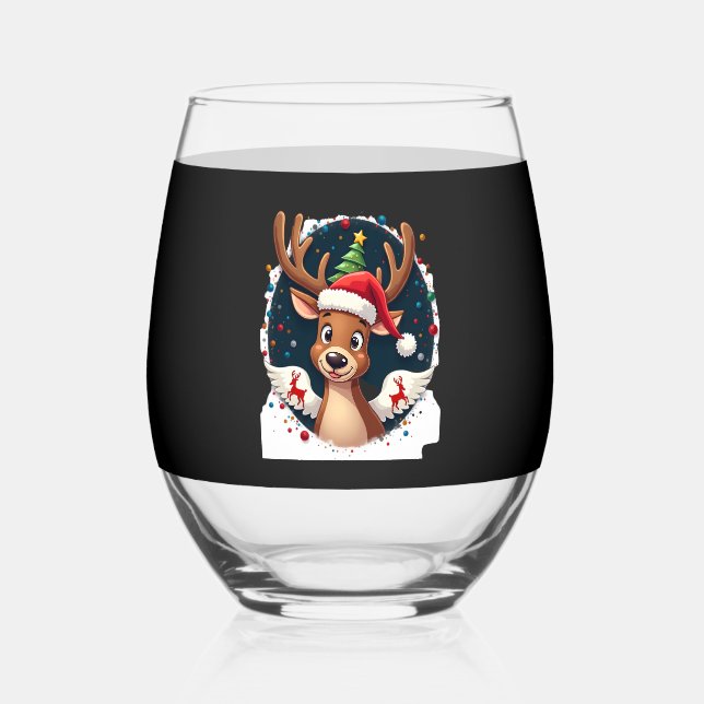 christmas Reindeer (2) Stemless Wine Glass (Front)