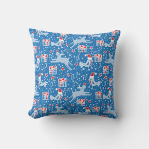 Christmas reindeer and bird blue throw pillow