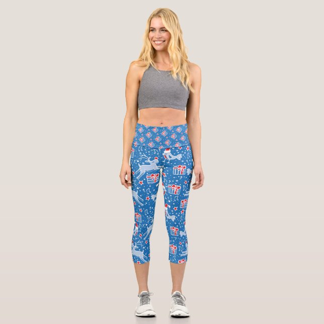Christmas reindeer and bird pattern blue red white capri leggings (Front)