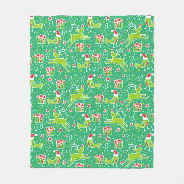 Christmas reindeer and bird patterned green  fleece blanket (Front)