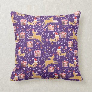 Christmas reindeer and bird purple throw pillow