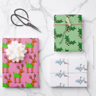 Christmas reindeer and holly wrapping paper sheet