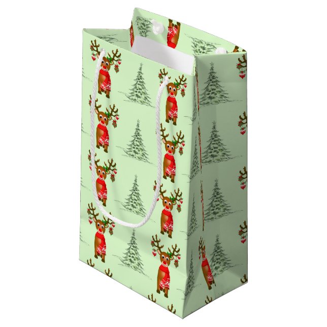 Christmas Reindeer And Pine Trees Gift Bag (Front Angled)