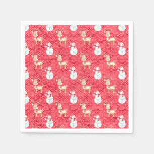 Christmas Reindeer And Snowman - Red Napkin