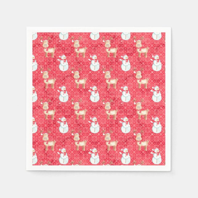 Christmas Reindeer And Snowman - Red Napkin (Front)