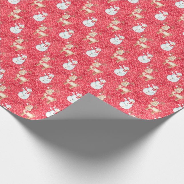 Christmas Reindeer and Snowmen Pattern - Red Wrapping Paper (Corner)