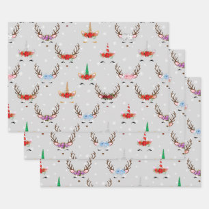 Christmas Reindeer and Unicorns on Grey Wrapping Paper Sheet