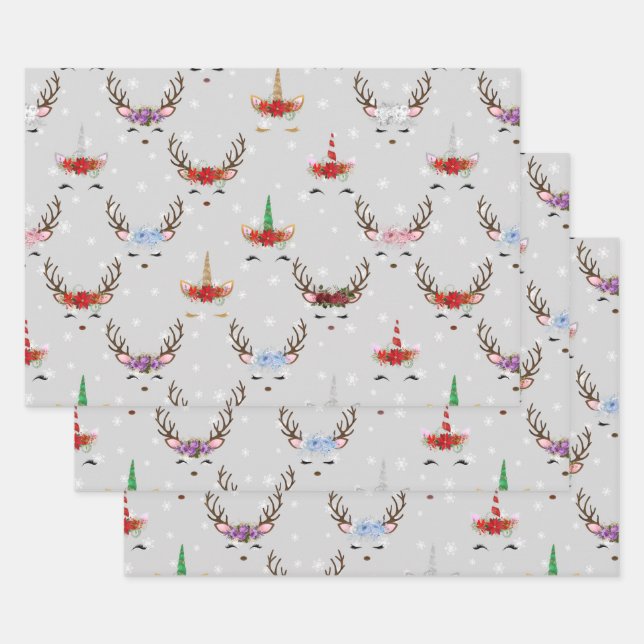 Christmas Reindeer and Unicorns on Grey Wrapping Paper Sheet (Set)
