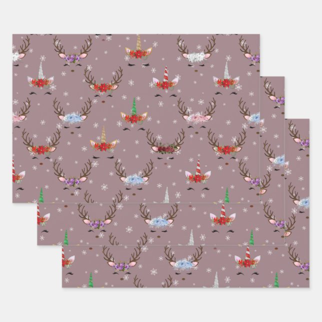 Christmas Reindeer and Unicorns on Pink Wrapping Paper Sheet (Set)