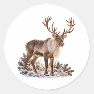 Christmas Reindeer Arctic Winter Landscape Classic Round Sticker