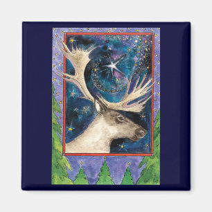 Christmas Reindeer at Night with a Shining Star Magnet