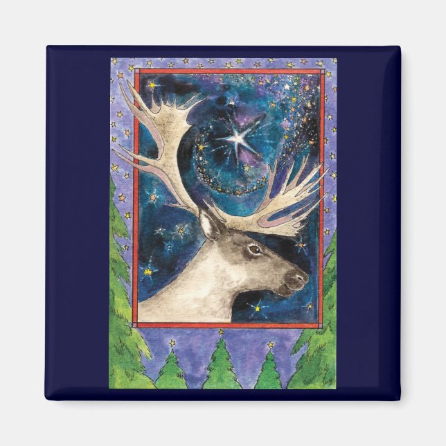 Christmas Reindeer at Night with a Shining Star Magnet (Front)
