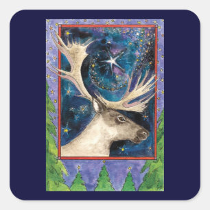Christmas Reindeer at Night with a Shining Star Square Sticker