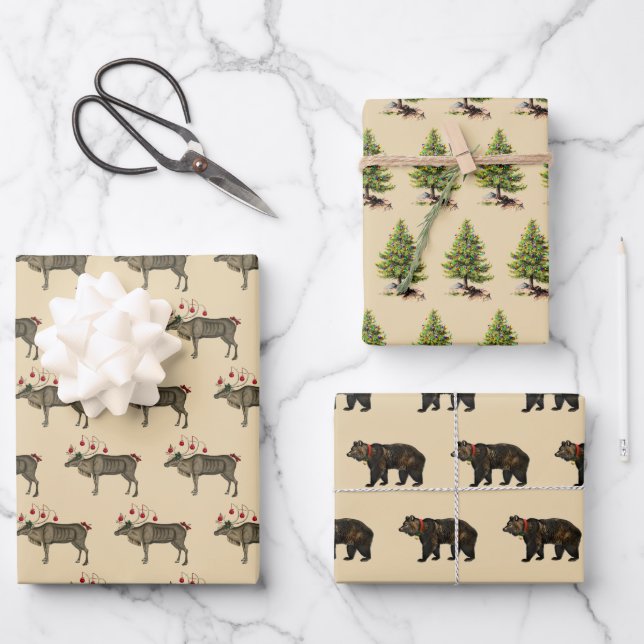 Christmas Reindeer, Bear, and Pine Tree Wrapping Paper Sheet (Front)
