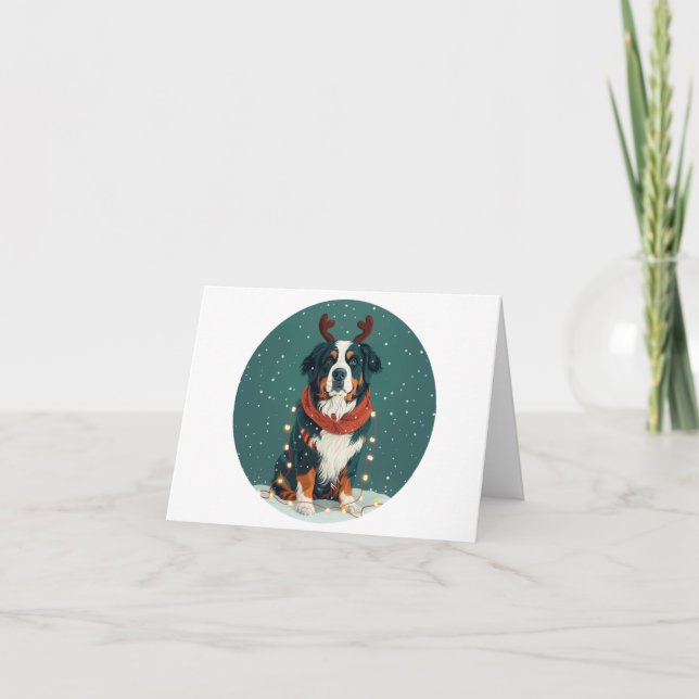 Christmas Reindeer Bernese Mountain Dog Holiday Card (Front)