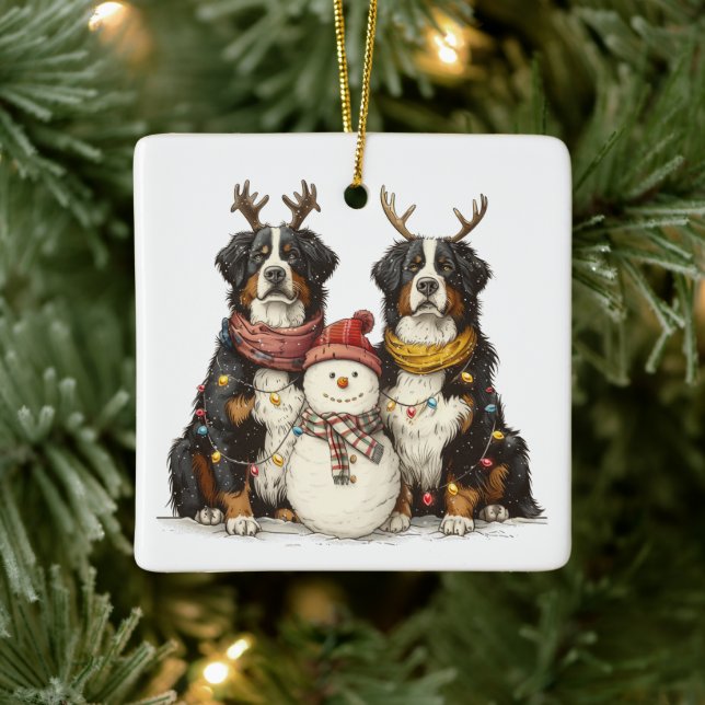 Christmas Reindeer Bernese Mountain Dogs Ceramic Ornament (Tree)