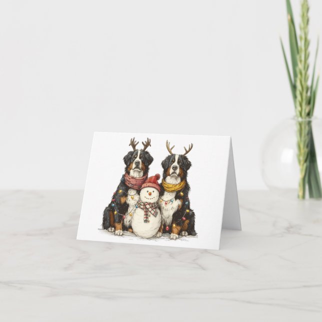 Christmas Reindeer Bernese Mountain Dogs Holiday Card (Front)