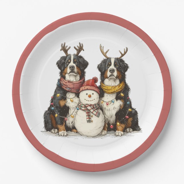 Christmas Reindeer Bernese Mountain Dogs Paper Plate (Front)