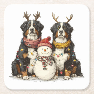 Christmas Reindeer Bernese Mountain Dogs Square Paper Coaster