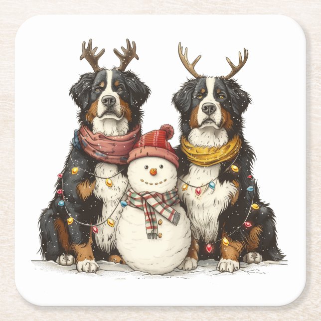 Christmas Reindeer Bernese Mountain Dogs Square Paper Coaster (Front)