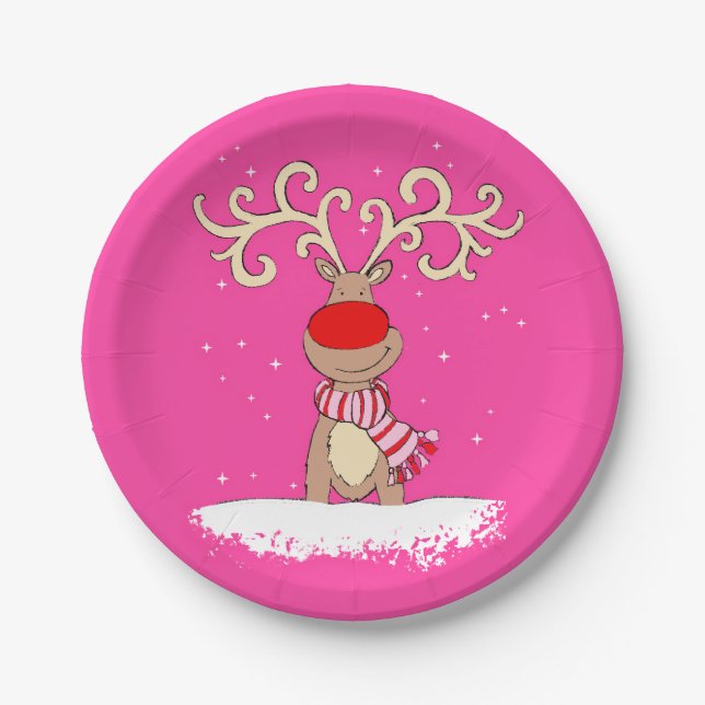 Christmas reindeer big antler pink paper plate (Front)