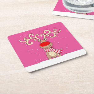 Christmas reindeer big antlers pink paper coasters
