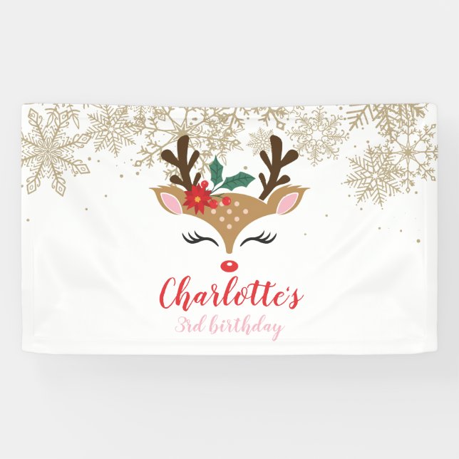 Christmas Reindeer Birthday Gold Snowflakes Banner (Horizontal)