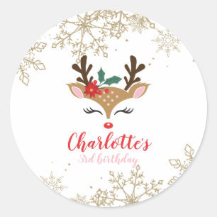 Christmas Reindeer Birthday Gold Snowflakes Classic Round Sticker