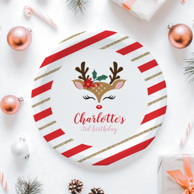 Christmas Reindeer Birthday Red Gold Stripes Paper Plate (Creator Uploaded)
