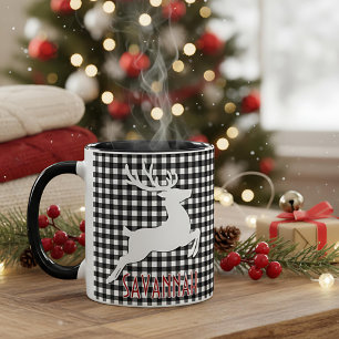 Christmas Reindeer Black & White Plaid Custom Name Mug