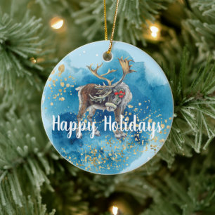 Christmas Reindeer Blue Splash Ceramic Tree Decoration