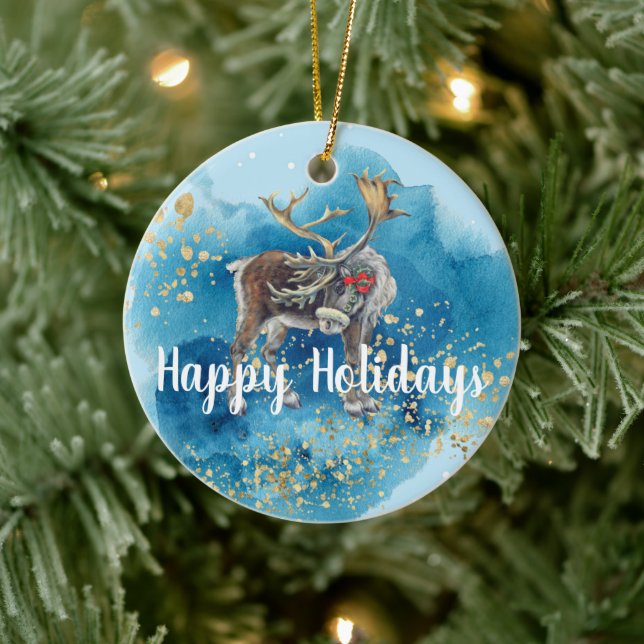 Christmas Reindeer Blue Splash Ceramic Tree Decoration (Tree)