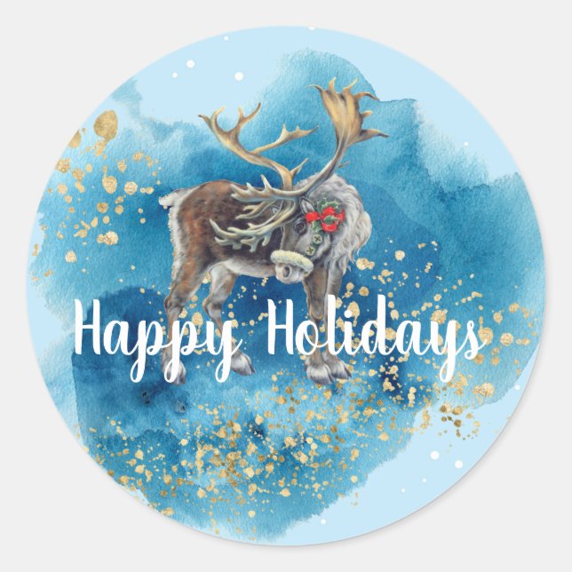 Christmas Reindeer Blue Splash Classic Round Sticker (Front)