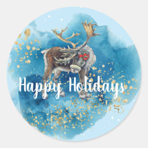 Christmas Reindeer Blue Splash Classic Round Sticker
