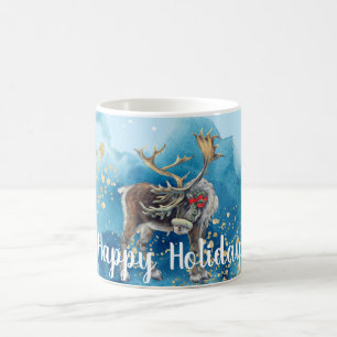 Christmas Reindeer Blue Splash Coffee Mug