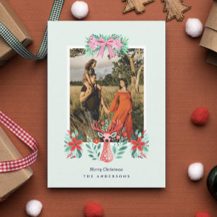 Christmas Reindeer Botanical Red Floral Photo Holiday Card