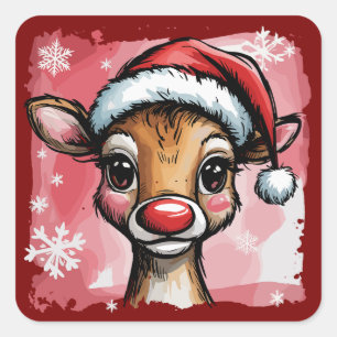 Christmas Reindeer Brushstrokes Preppy Xmas Girly Square Sticker