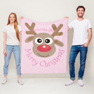 Christmas Reindeer Cartoon Name Cute Girly Pink Fleece Blanket