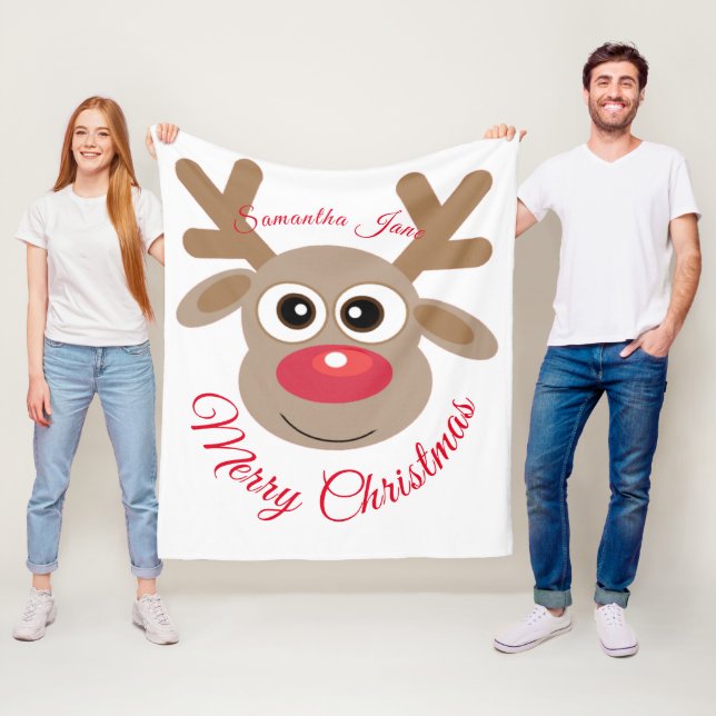 Christmas Reindeer Cartoon Name White Script Fun Fleece Blanket (In Situ)
