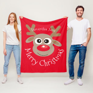 Christmas Reindeer Cartoon Named Red Script Fleece Blanket