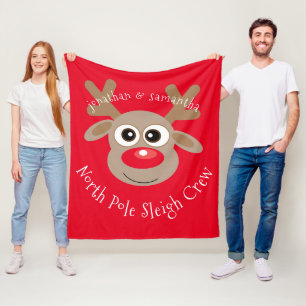 Christmas Reindeer Cartoon Named Red Sleigh Crew Fleece Blanket